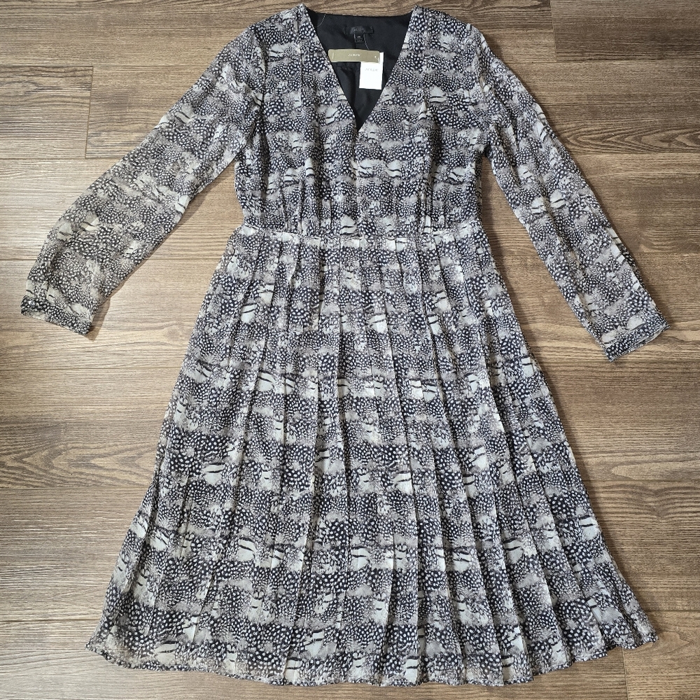 J.Crew Dress Womens 10T Black White Silk Animal Print Pleated Midi Career Preppy